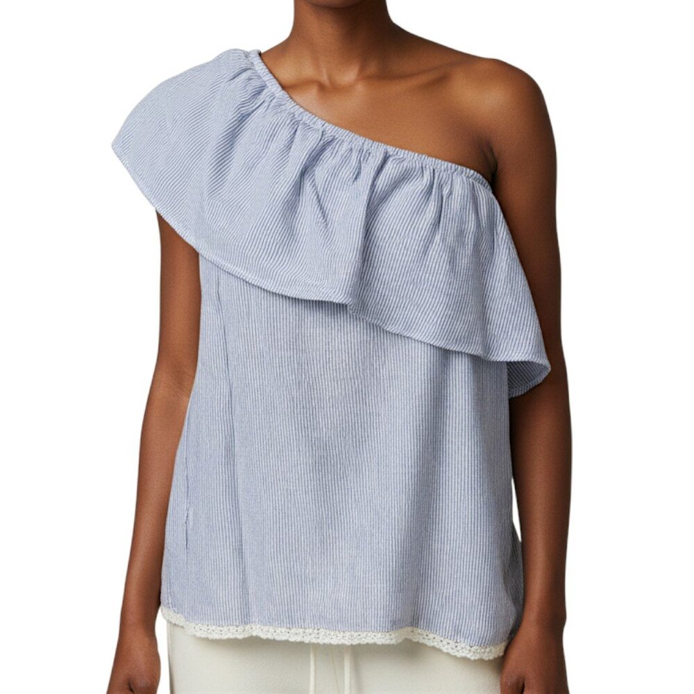 Jolt NWT Blue and White Pinstripe One Shoulder Ruffle Top Women's Size S